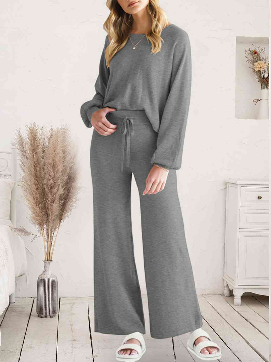 Long Sleeve Lounge Top and Drawstring Pants Set BLUE ZONE PLANET