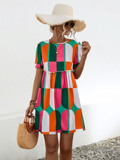Blue Zone Planet |  Geometric Frill Round Neck Short Sleeve Dress BLUE ZONE PLANET