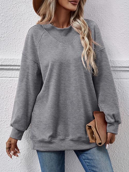 Round Neck Drop Shoulder Long Sleeve Sweatshirt BLUE ZONE PLANET