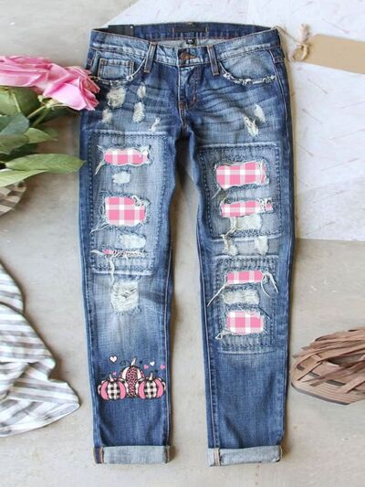 Distressed Printed Straight Jeans BLUE ZONE PLANET