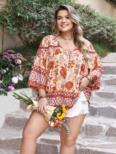 Plus Size Printed V-Neck Three-Quarter Sleeve Blouse Trendsi