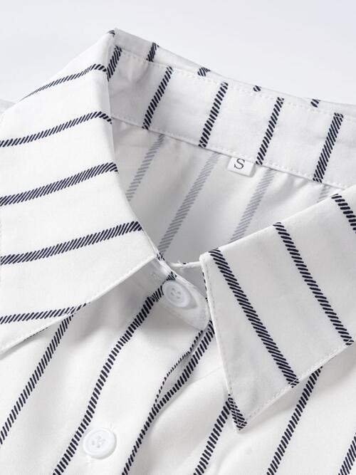 Striped Collared Neck Lantern Sleeve Shirt BLUE ZONE PLANET