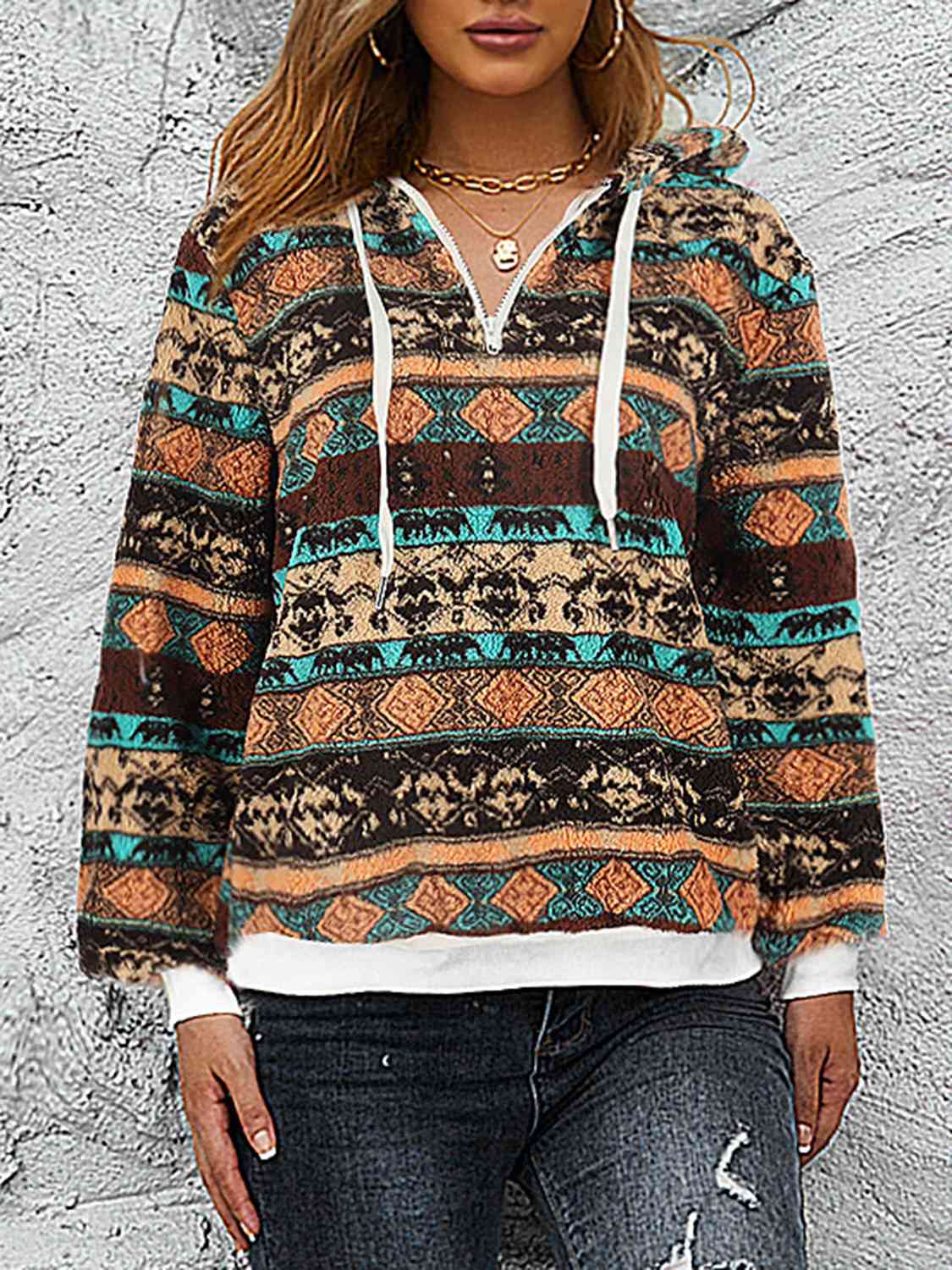 Printed Drawstring Long Sleeve Hoodie BLUE ZONE PLANET