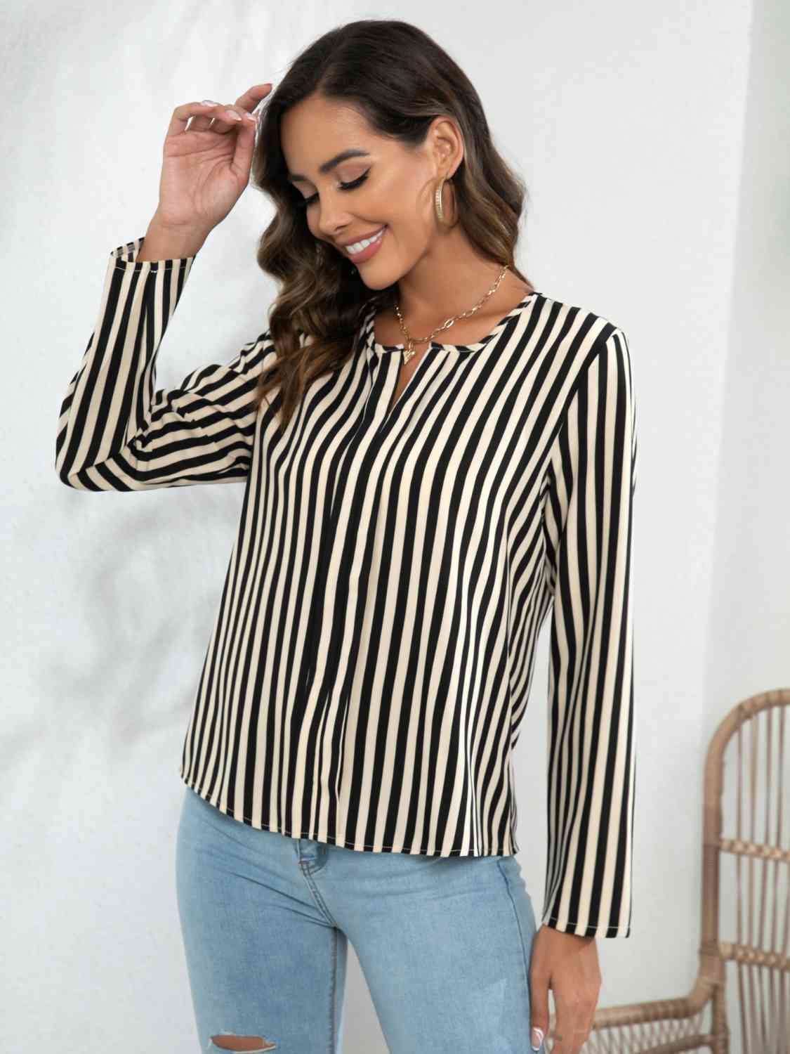 Striped Long Sleeve Notched Blouse BLUE ZONE PLANET