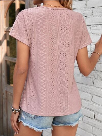 Eyelet V-Neck Short Sleeve T-Shirt Trendsi