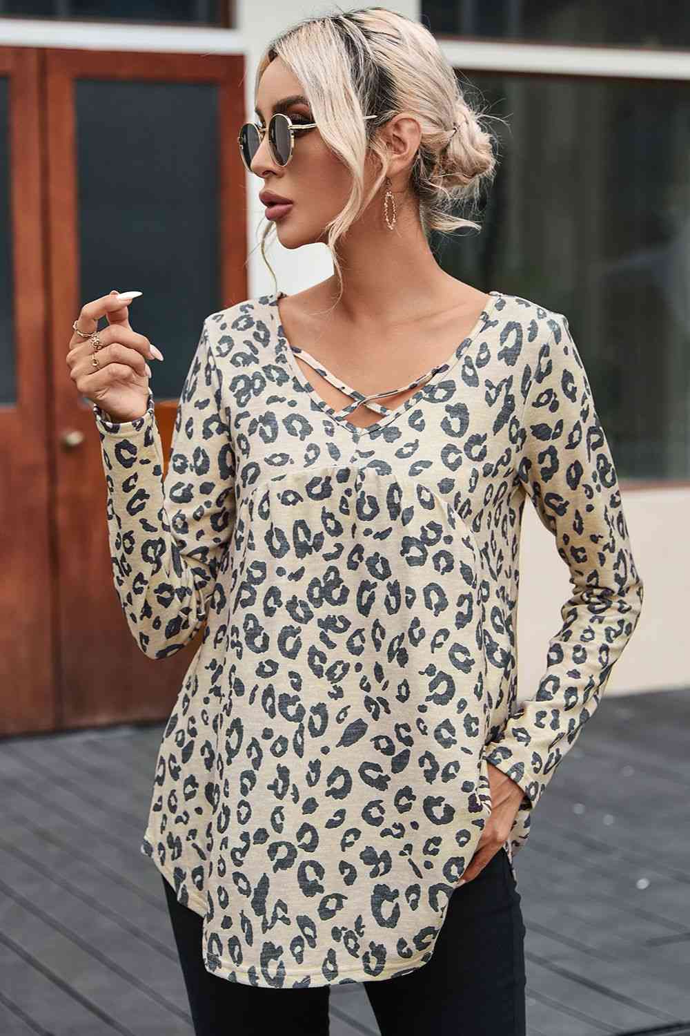 Leopard Crisscross V-Neck T-Shirt BLUE ZONE PLANET