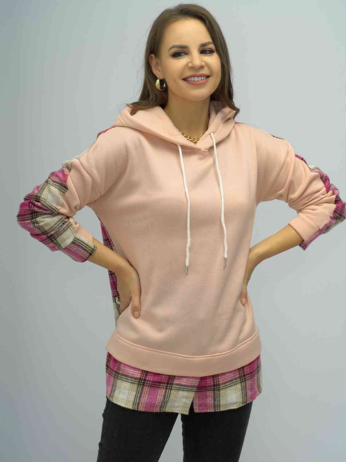 Plaid Drawstring Drop Shoulder Slit Hoodie BLUE ZONE PLANET