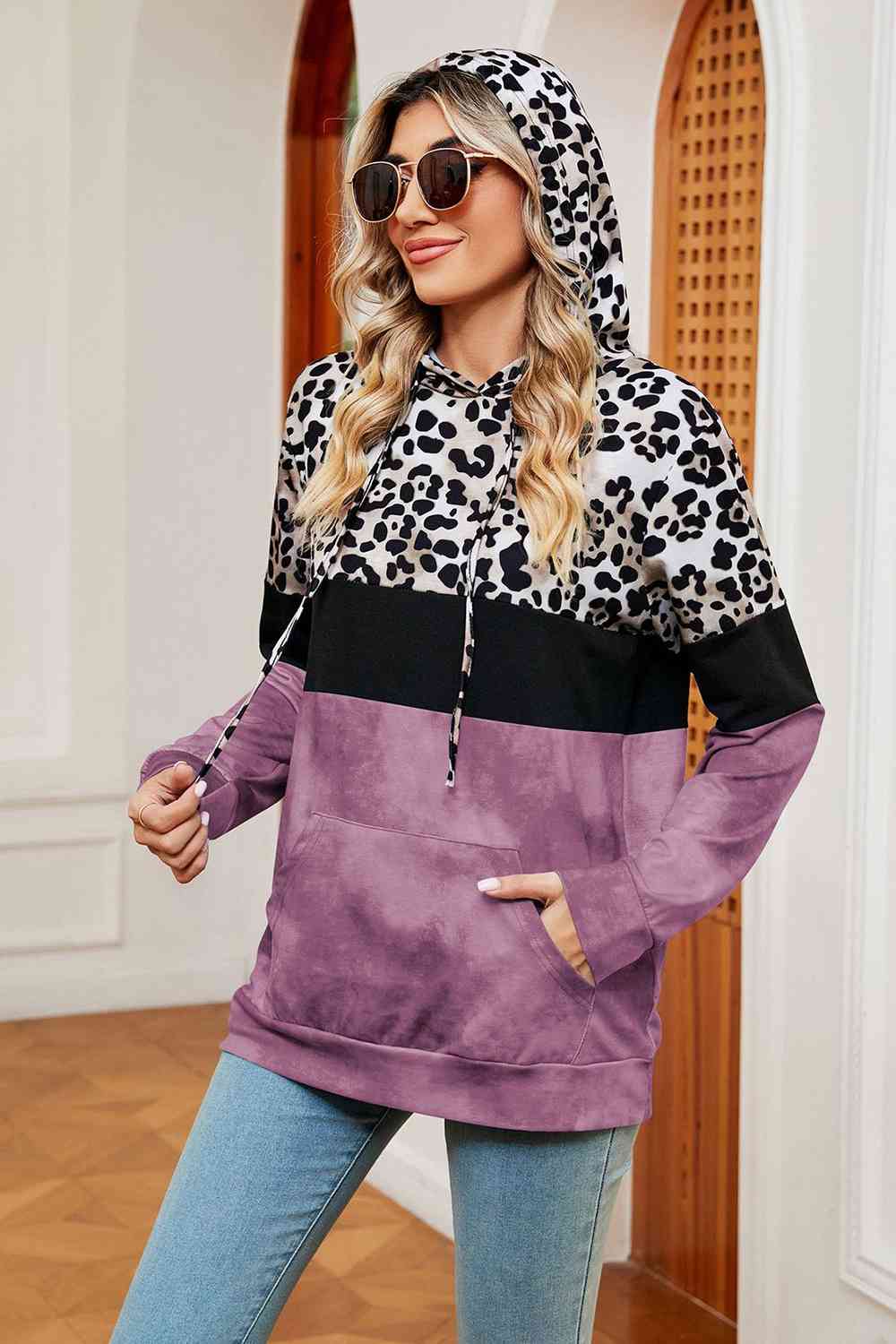 Leopard Drawstring Hoodie with Pocket BLUE ZONE PLANET