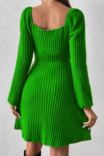Ribbed Tied Square Neck Long Sleeve Mini Dress BLUE ZONE PLANET