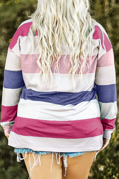 Plus Size Striped Slit Long Sleeve T-Shirt BLUE ZONE PLANET