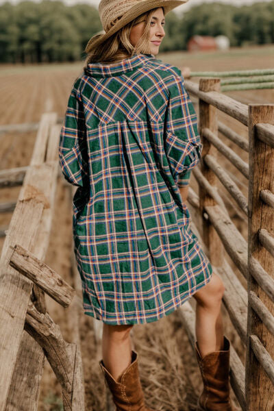 Blue Zone Planet |  Plaid Button Up Collared Neck Shirt Dress BLUE ZONE PLANET