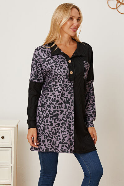 Blue Zone Planet |  Leopard Waffle-Knit Buttoned Long Sleeve Blouse BLUE ZONE PLANET