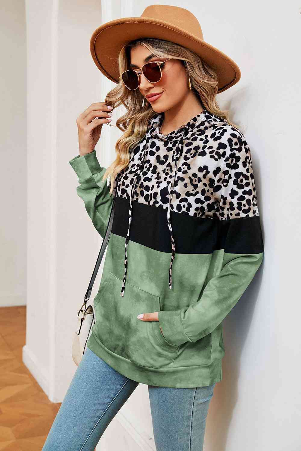 Leopard Drawstring Hoodie with Pocket BLUE ZONE PLANET