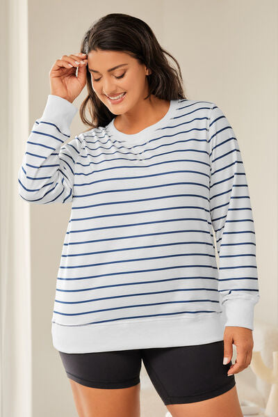 Plus Size Striped Round Neck Long Sleeve T-Shirt BLUE ZONE PLANET