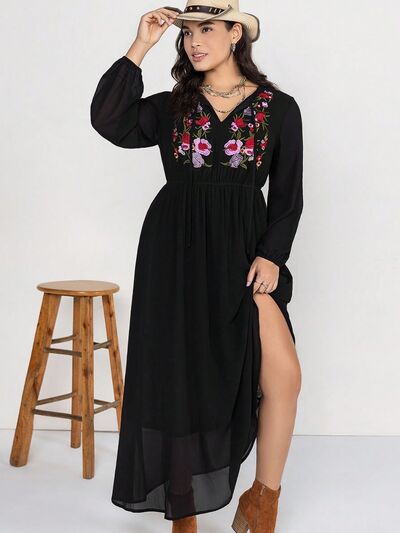 Plus Size Embroidered Tie Neck Long Sleeve Dress BLUE ZONE PLANET