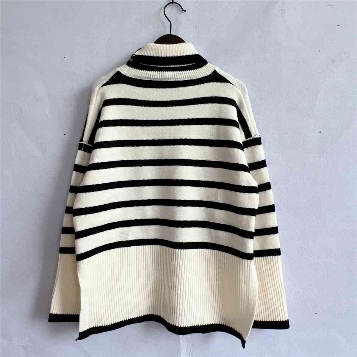 Striped Turtleneck Flare Sleeve Sweater BLUE ZONE PLANET