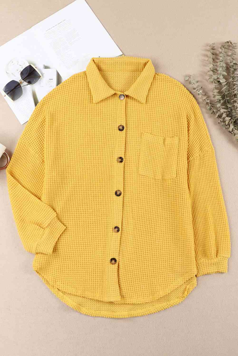 Waffle-Knit Button Up Long Sleeve Shirt with Pocket BLUE ZONE PLANET