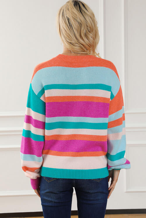 Striped Round Neck Long Sleeve Knit Top BLUE ZONE PLANET