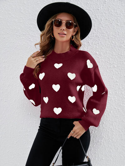 Heart Round Neck Dropped Shoulder Sweater BLUE ZONE PLANET