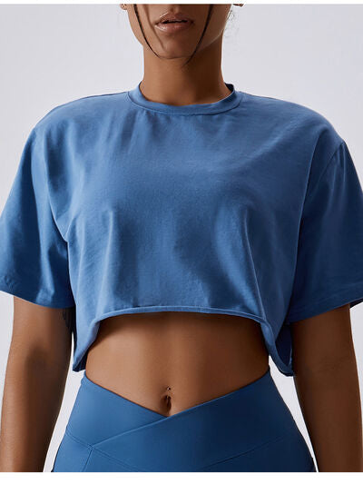 Cropped Round Neck Short Sleeve Active Top Trendsi