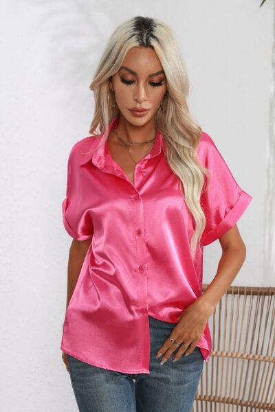 Collared Neck Short Sleeve Shirt-TOPS / DRESSES-[Adult]-[Female]-Hot Pink-S-2022 Online Blue Zone Planet