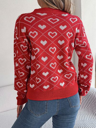 Heart Pattern V-Neck Long Sleeve Sweater BLUE ZONE PLANET