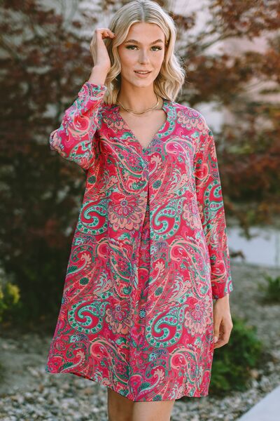 Blue Zone Planet |  Printed V-Neck Long Sleeve Mini Dress BLUE ZONE PLANET