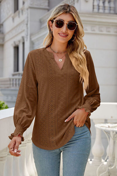 Eyelet Notched Lantern Sleeve T-Shirt Trendsi