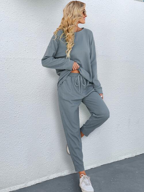 Round Neck Top and Drawstring Pants Set BLUE ZONE PLANET