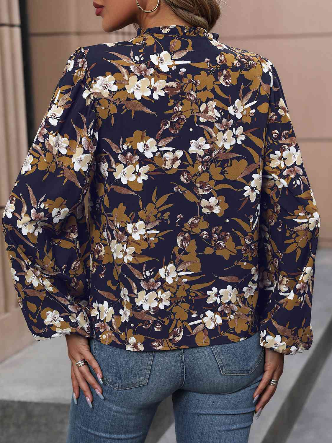 Floral Notched Balloon Sleeve Blouse BLUE ZONE PLANET