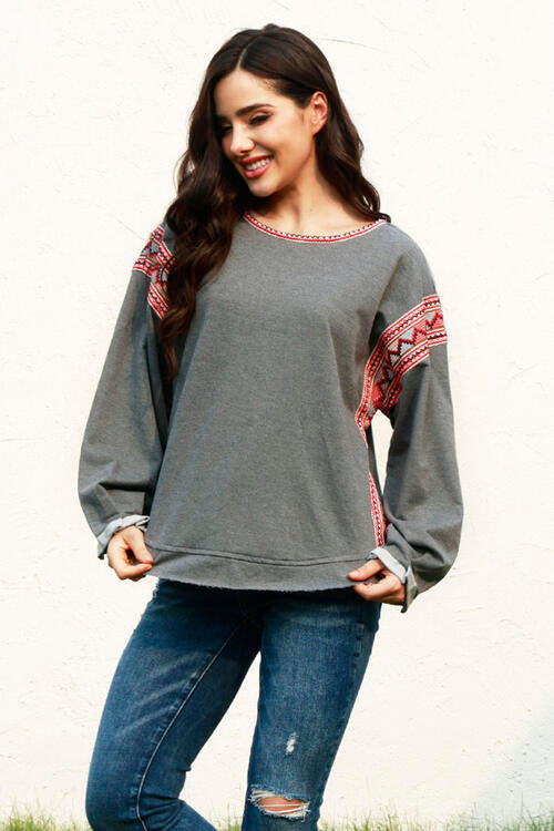 Geometric Round Neck Long Sleeve T-Shirt BLUE ZONE PLANET