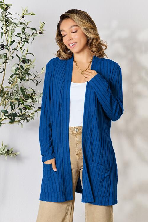 Basic Bae Full Size Ribbed Open Front Cardigan with Pockets BLUE ZONE PLANET