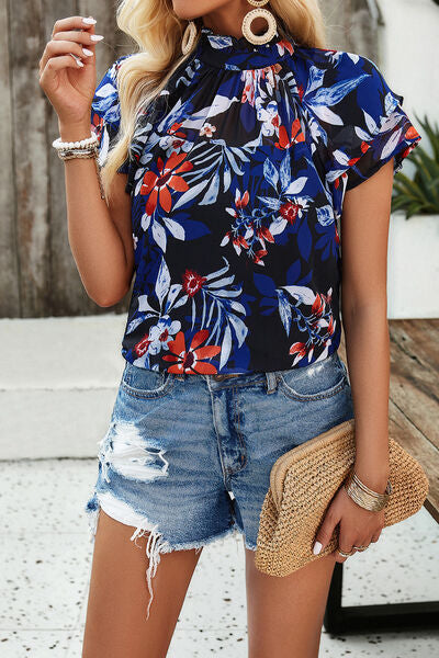 Printed Ruffled Mock Neck Blouse Trendsi