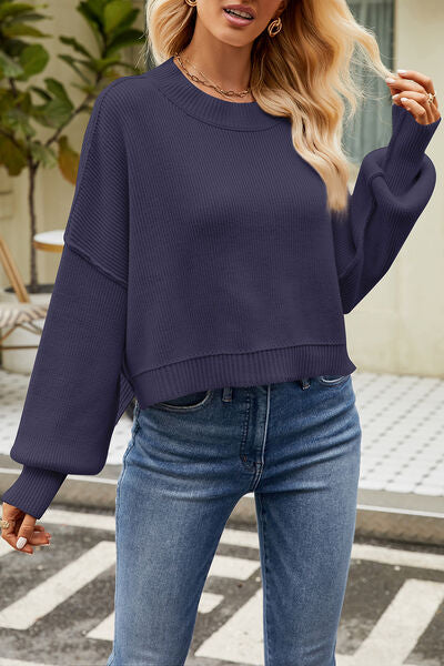 Blue Zone Planet |  Round Neck Dropped Shoulder Sweater BLUE ZONE PLANET