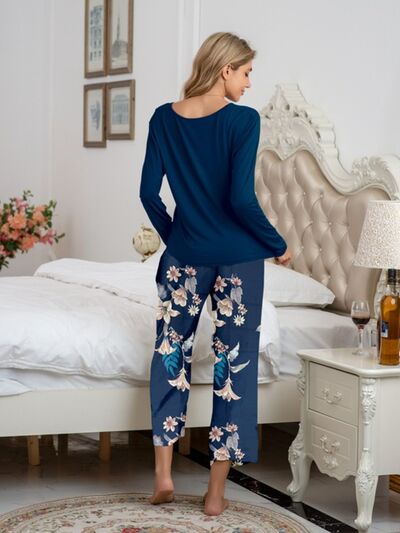 Blue Zone Planet |  Round Neck Top and Printed Pants Lounge Set BLUE ZONE PLANET