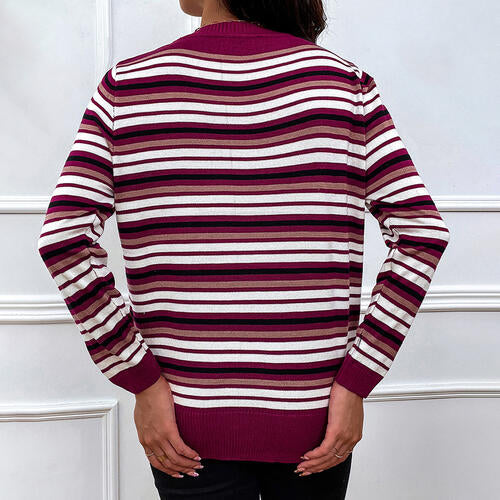 Striped Round Neck Long Sleeve Sweater BLUE ZONE PLANET