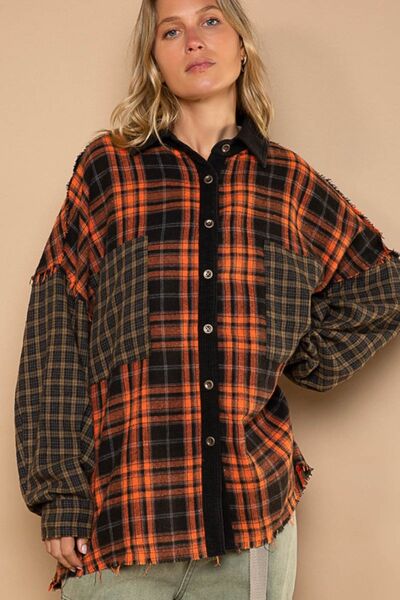 POL Plaid Contrast Long Sleeve Raw Hem Shacket with Chest Pockets Trendsi