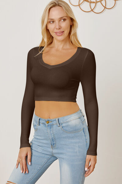 Round Neck Long Sleeve Cropped T-Shirt Trendsi