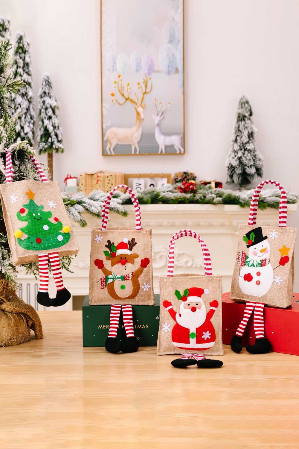 4-Pack Christmas Gnome Graphic Striped Gift Bag-[Adult]-[Female]-Santa/Snowman/Elk/Christmas Tree-One Size/4 Pack-2022 Online Blue Zone Planet