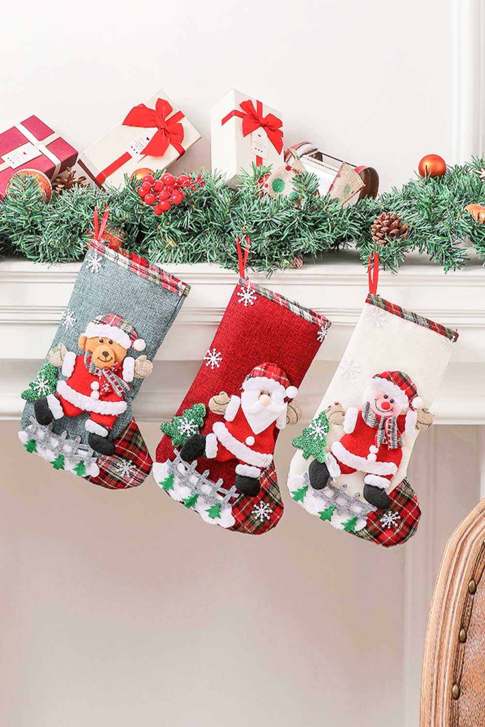 4-Pack Plaid Christmas Stockings-TOPS / DRESSES-[Adult]-[Female]-Santa/Sonwman/Elk/Bear-One Size/4 Pack-2022 Online Blue Zone Planet