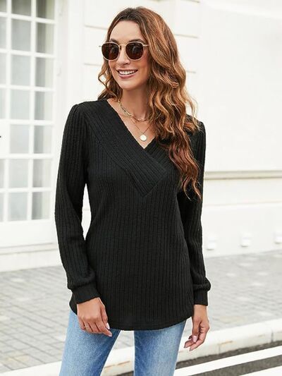 Ribbed Surplice Long Sleeve T-Shirt-TOPS / DRESSES-[Adult]-[Female]-Black-S-2022 Online Blue Zone Planet