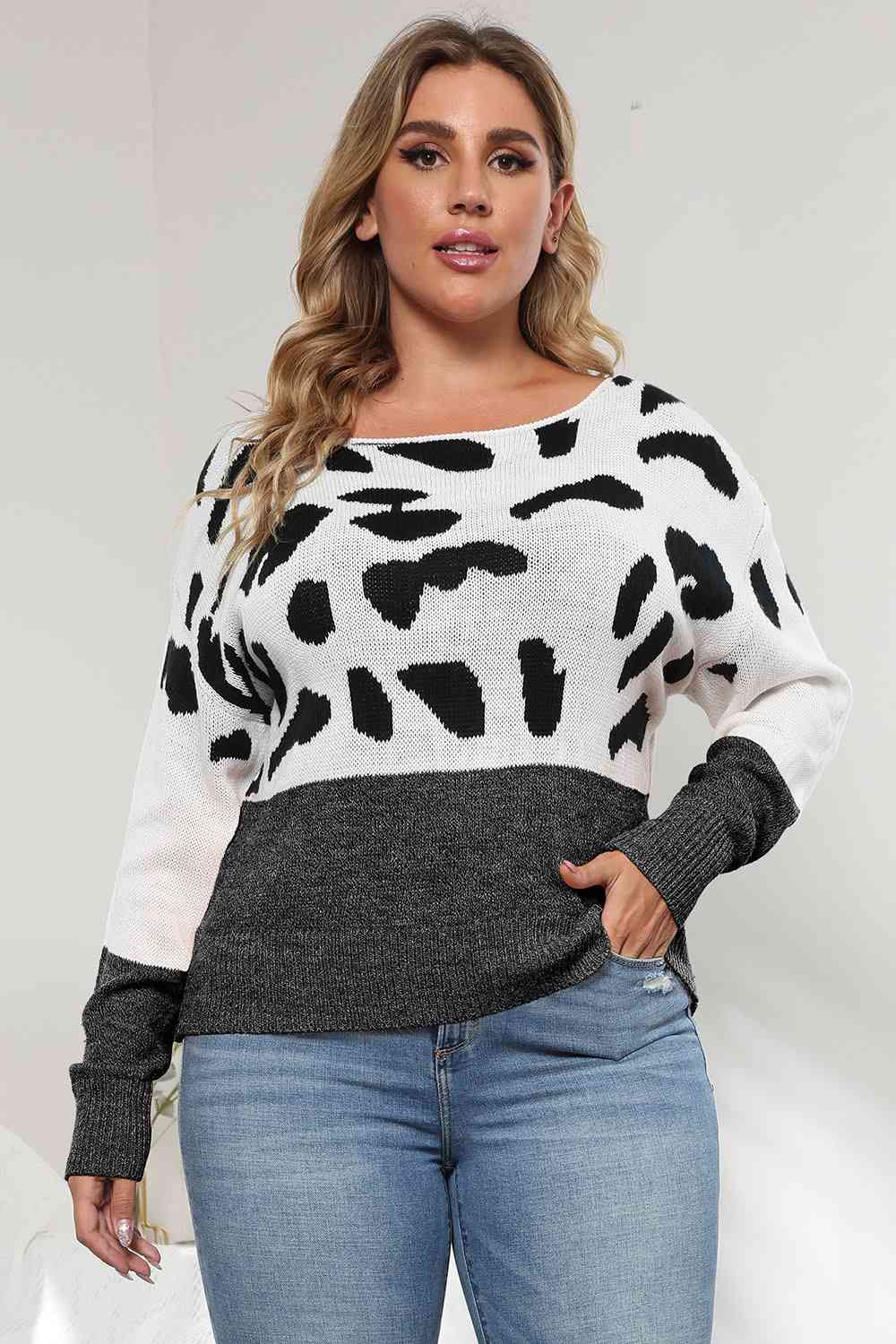 Plus Size Leopard Round Neck Long Sleeve Sweater BLUE ZONE PLANET