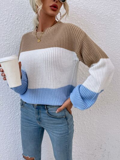 Color Block Round Neck Sweater BLUE ZONE PLANET