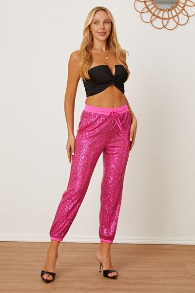 Sequin Drawstring Pants with Pockets-BOTTOM SIZES SMALL MEDIUM LARGE-[Adult]-[Female]-2022 Online Blue Zone Planet