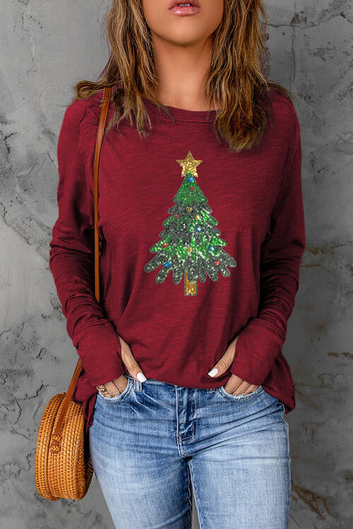 Sequin Christmas Tree Long Sleeve T-Shirt BLUE ZONE PLANET