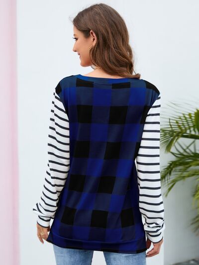 Plaid Striped Round Neck Long Sleeve T-Shirt-TOPS / DRESSES-[Adult]-[Female]-2022 Online Blue Zone Planet