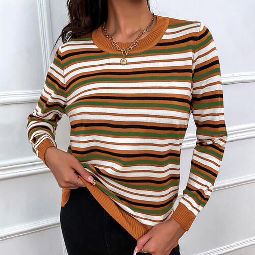 Striped Round Neck Long Sleeve Sweater BLUE ZONE PLANET