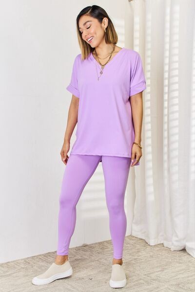 Zenana V-Neck Rolled Short Sleeve T-Shirt and Leggings Set BLUE ZONE PLANET