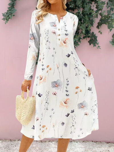 Floral Notched Long Sleeve Midi Dress BLUE ZONE PLANET