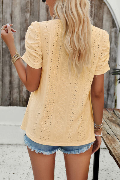 Eyelet Square Neck Puff Sleeve T-Shirt Trendsi